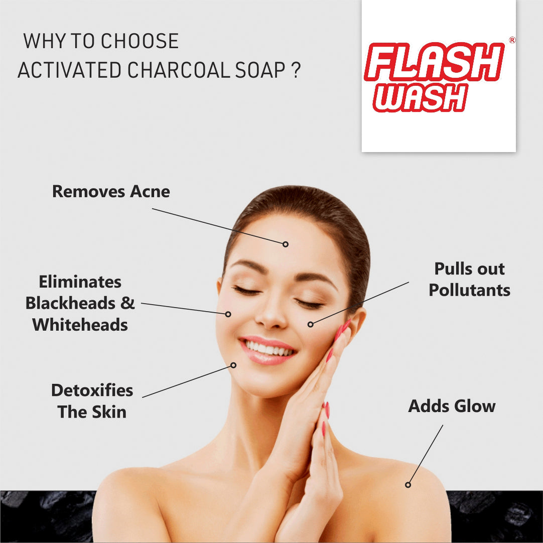 Advertisement for Flash Wash activated charcoal soap with a woman touching her face, highlighting benefits.