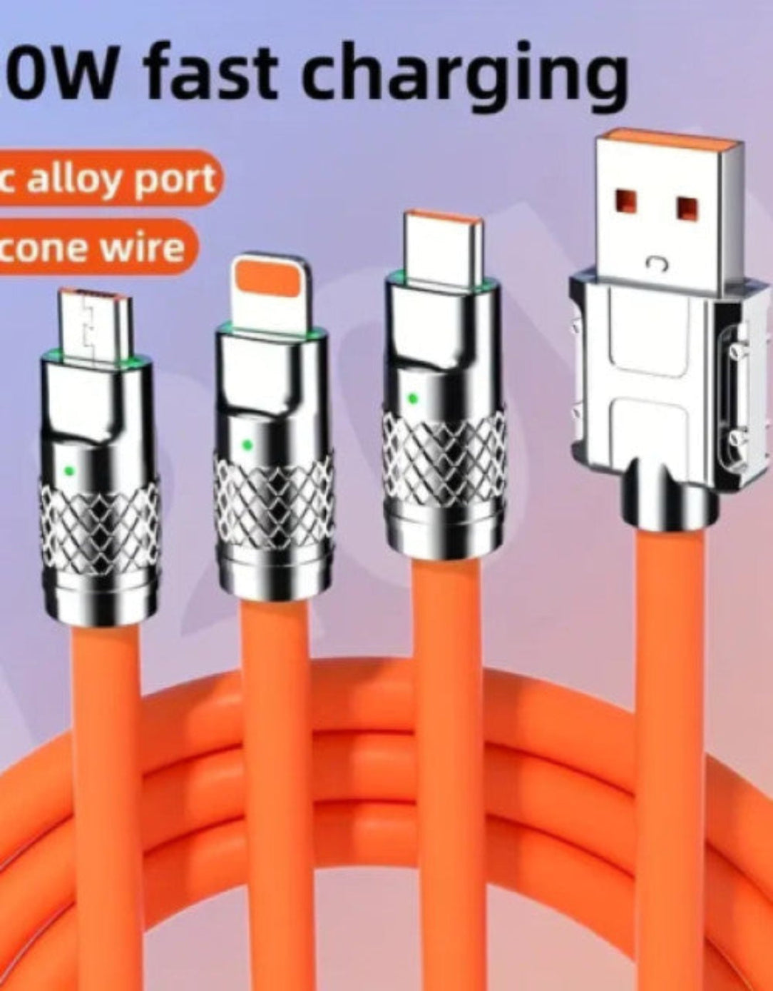 Orange charging cable with metallic connectors on a gradient background