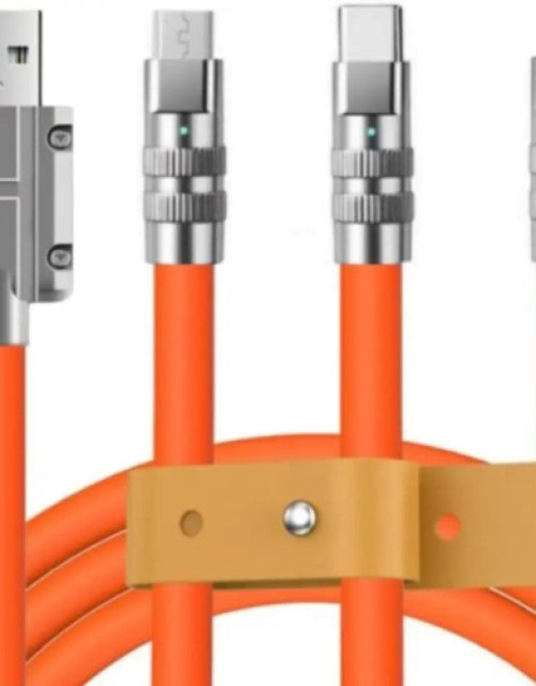 Orange cable with silver connectors and a gold clip on a white background