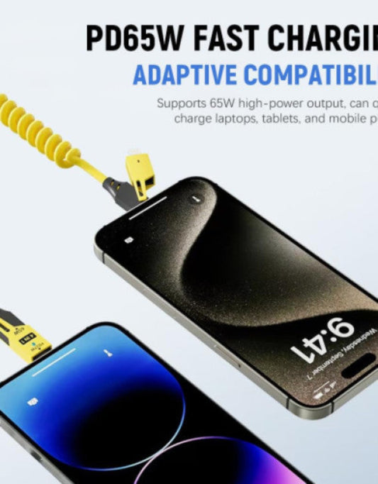Smartphone with a charging cable on a white background, highlighting fast charging capabilities.