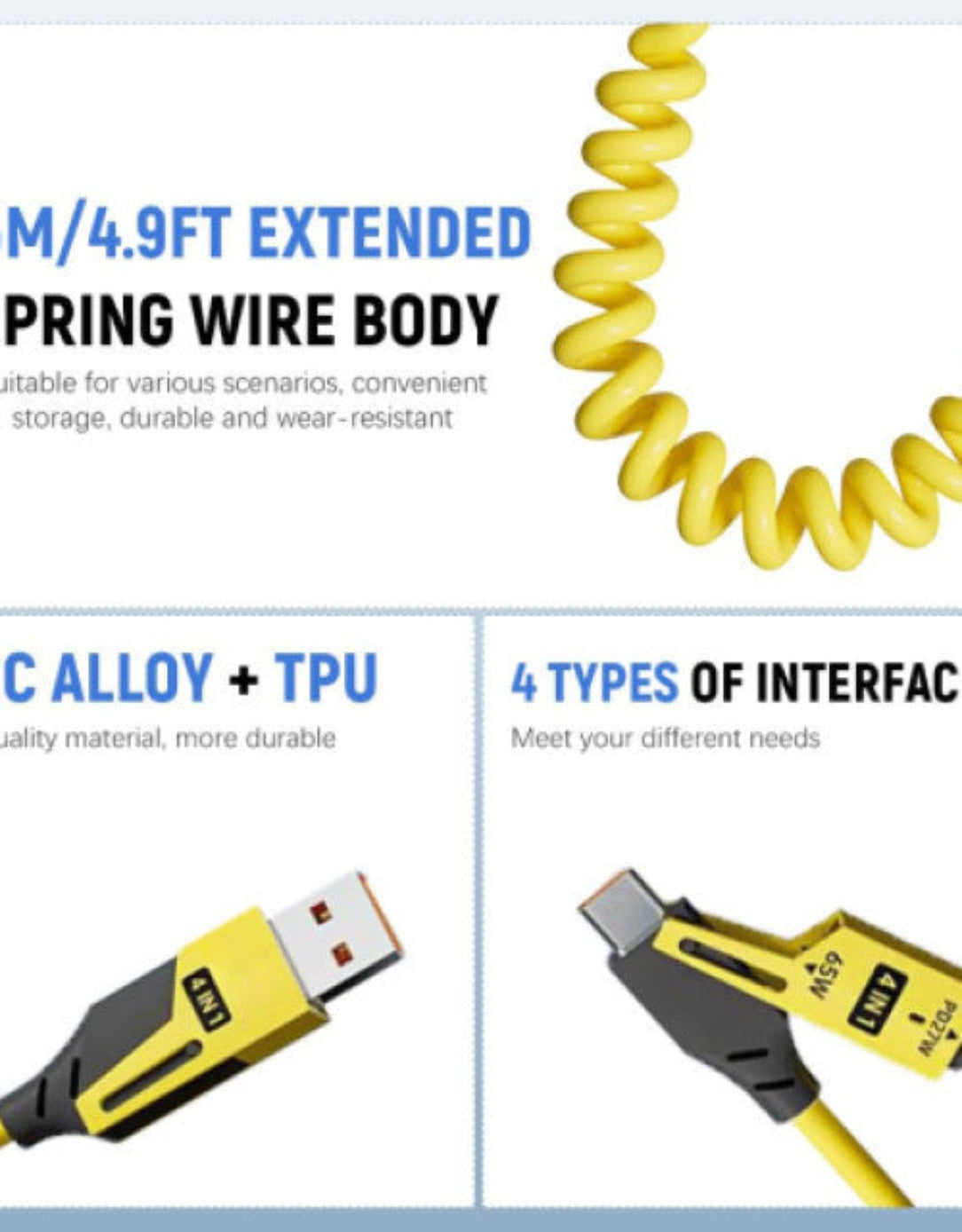 Yellow coiled cable with USB connectors on a white background