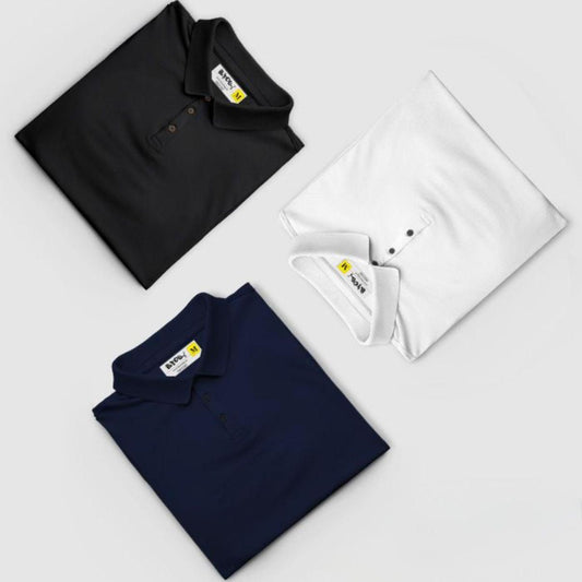 Two folded polo shirts, one black and one navy, on a light gray background.
