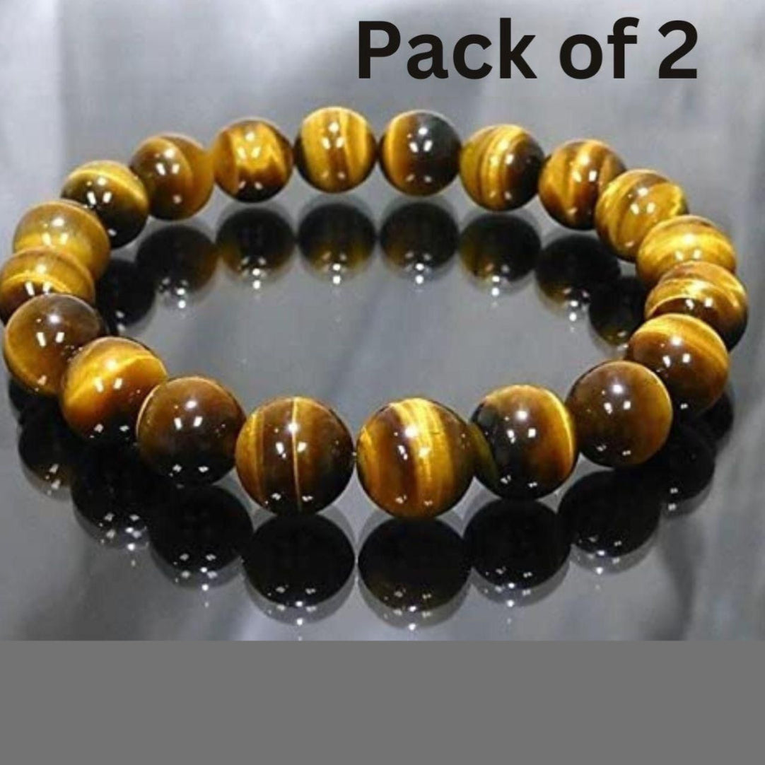 A bracelet made of yellow tiger eye crystal stones, displayed on a dark background with the label 'Pack of 2'.