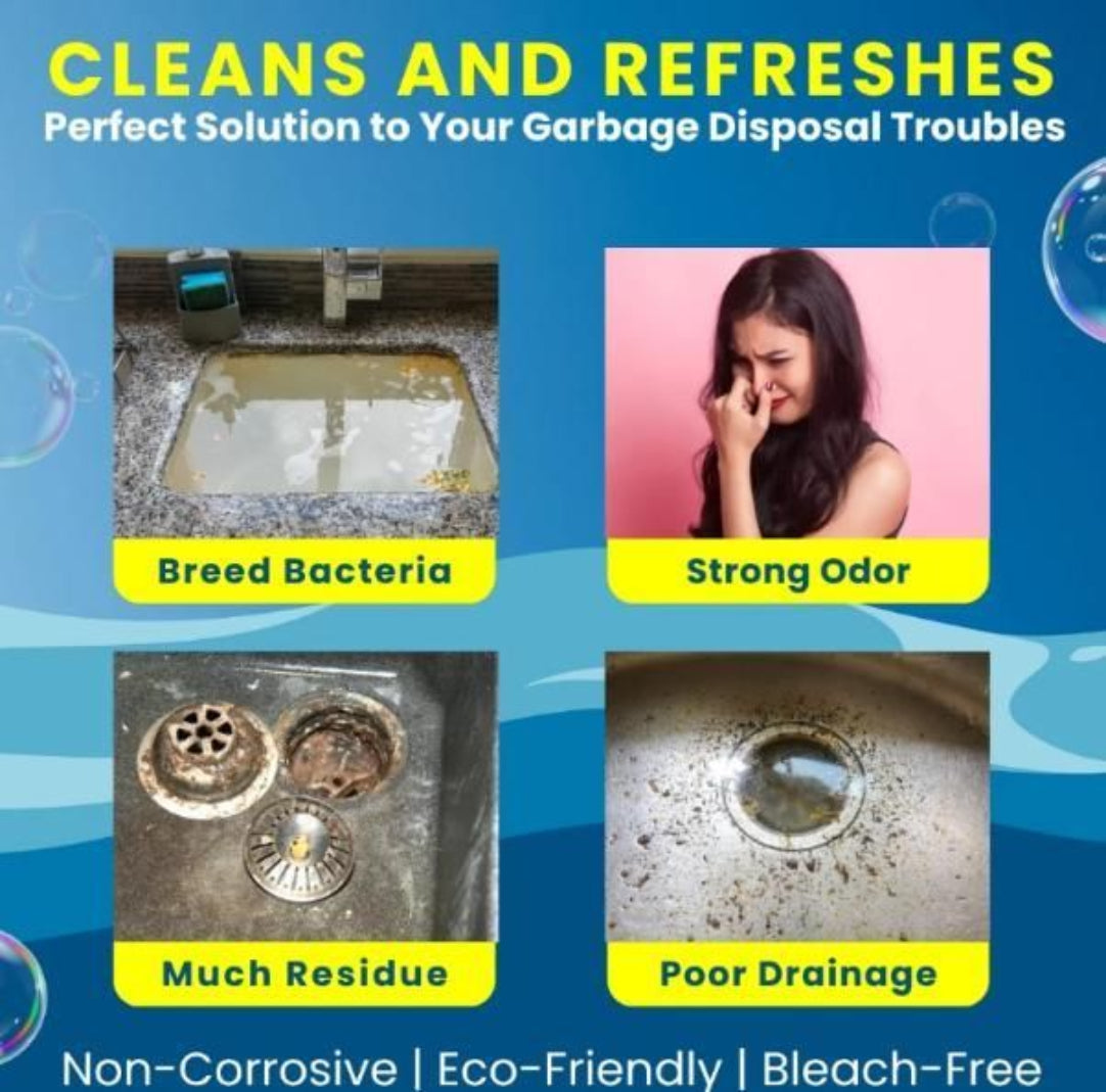 Advertisement for a solution to garbage disposal issues with images of a dirty drain and text highlighting problems and benefits.