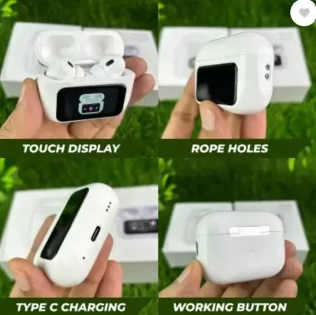 White wireless earbuds with charging case being held and displayed against a grass background.