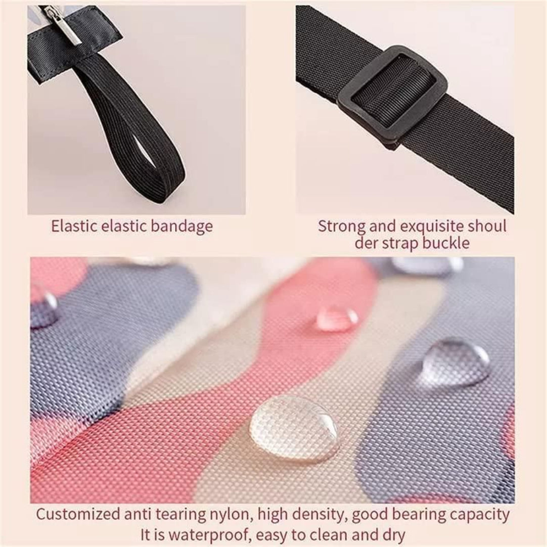 Product features including an elastic bandage, shoulder strap buckle, and waterproof material on a beige background.