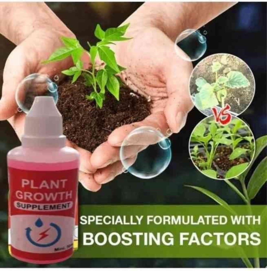 Plant growth supplement bottle with hands holding a plant and images of plants growing.