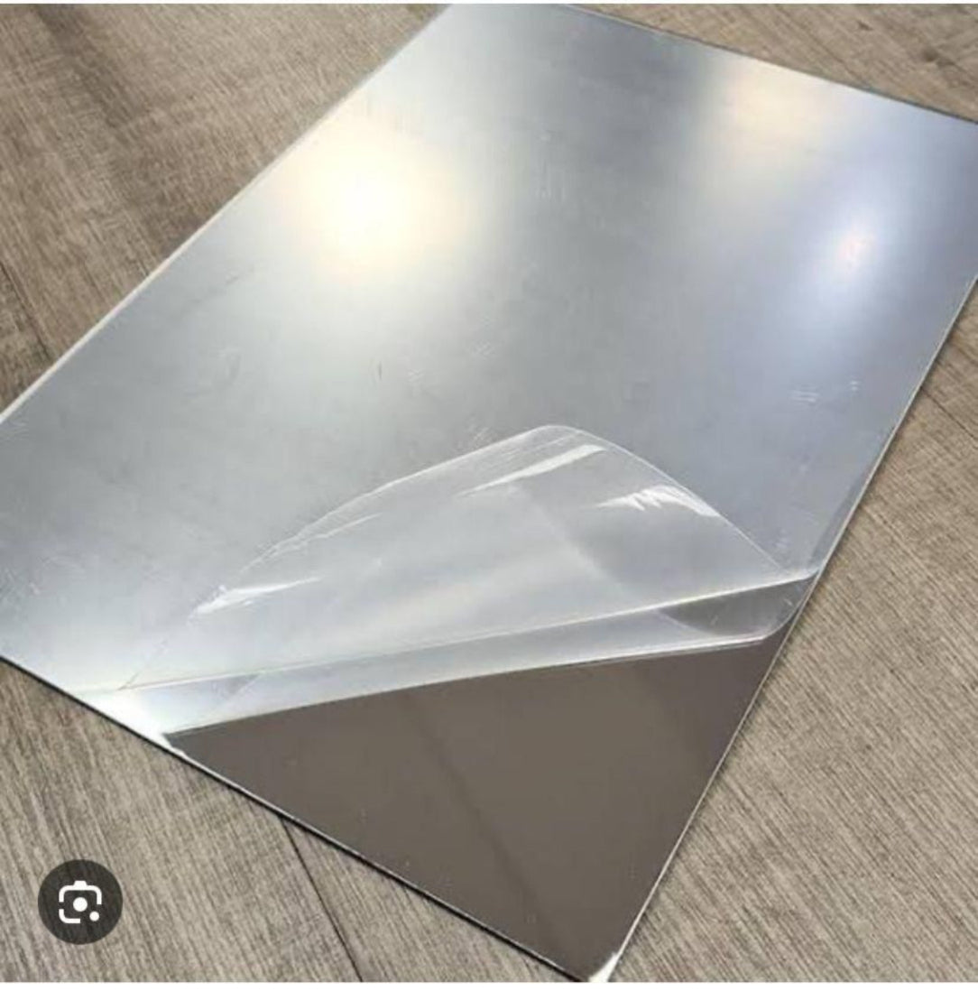 Metallic sheet on a wooden surface
