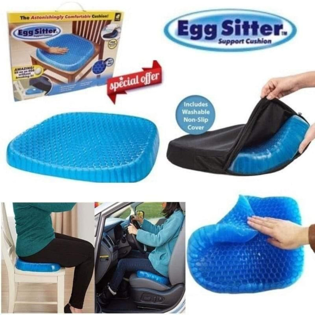 Egg Sitter support cushion with packaging and usage scenarios on a white background