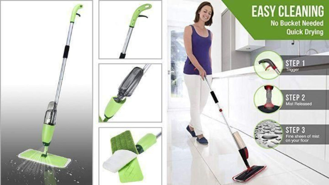 Green cleaning device with multiple attachments and usage instructions on a white background