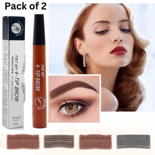 Pack of 2 lip brow tint with packaging, application on lips and eyebrows, and color swatches.