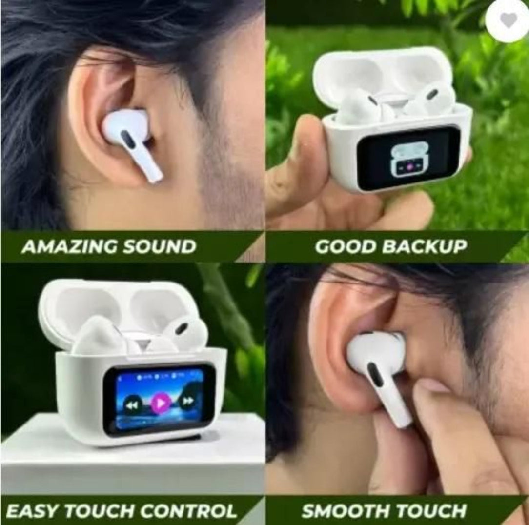 Wireless earbuds with charging case and user wearing earbuds, labeled features.