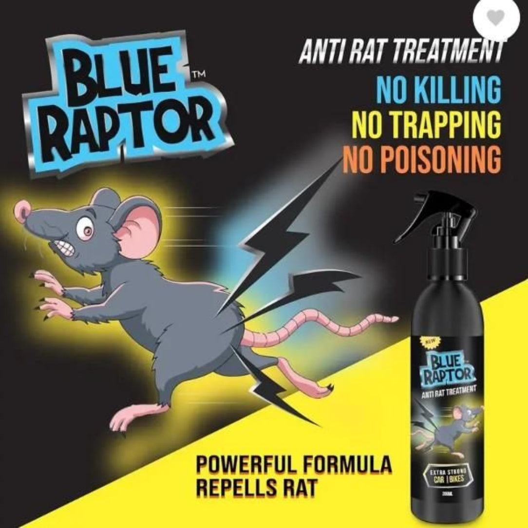 Advertisement for Blue Raptor anti rat treatment with a cartoon rat and spray bottle on a black and yellow background.