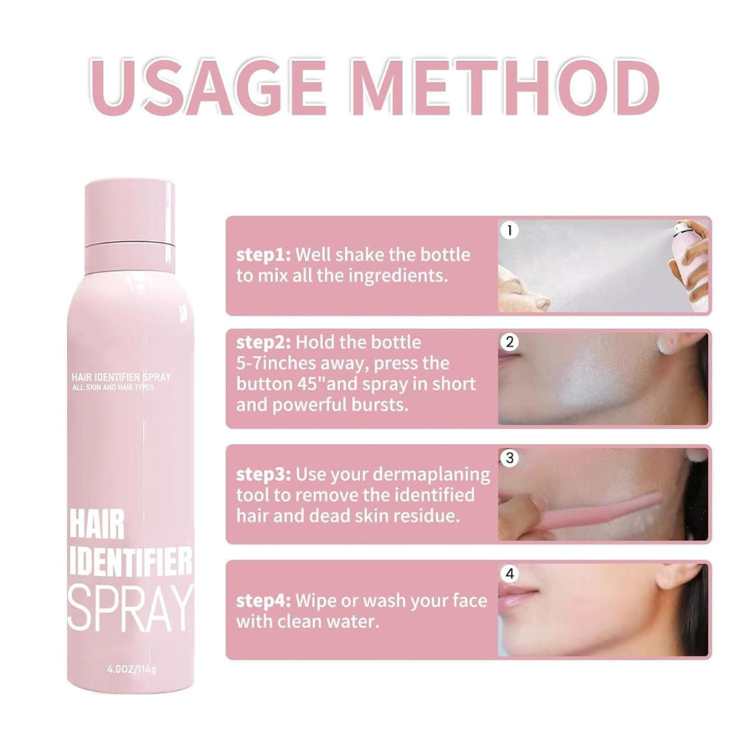 Instructions for using a hair identifier spray with a pink bottle on a white background.