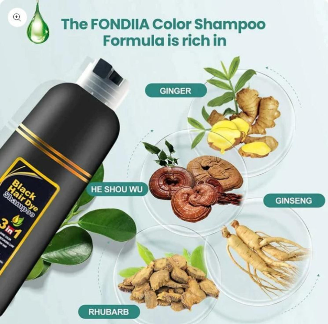 FONDIIA Color Shampoo with ingredients like ginger, he shou wu, ginseng, rhubarb on a light blue background