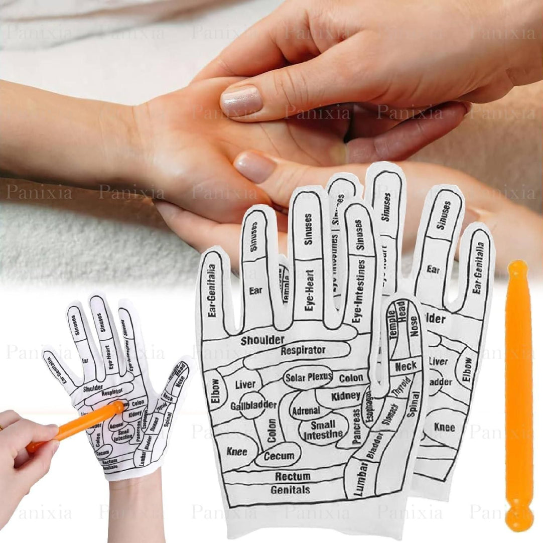 A pair of Acupressure Reflexology Hand Gloves is shown with a diagram of acupressure points on the back of the hand. One glove is being worn, and the other is placed on a flat surface with a pen illustrating the pressure points.
