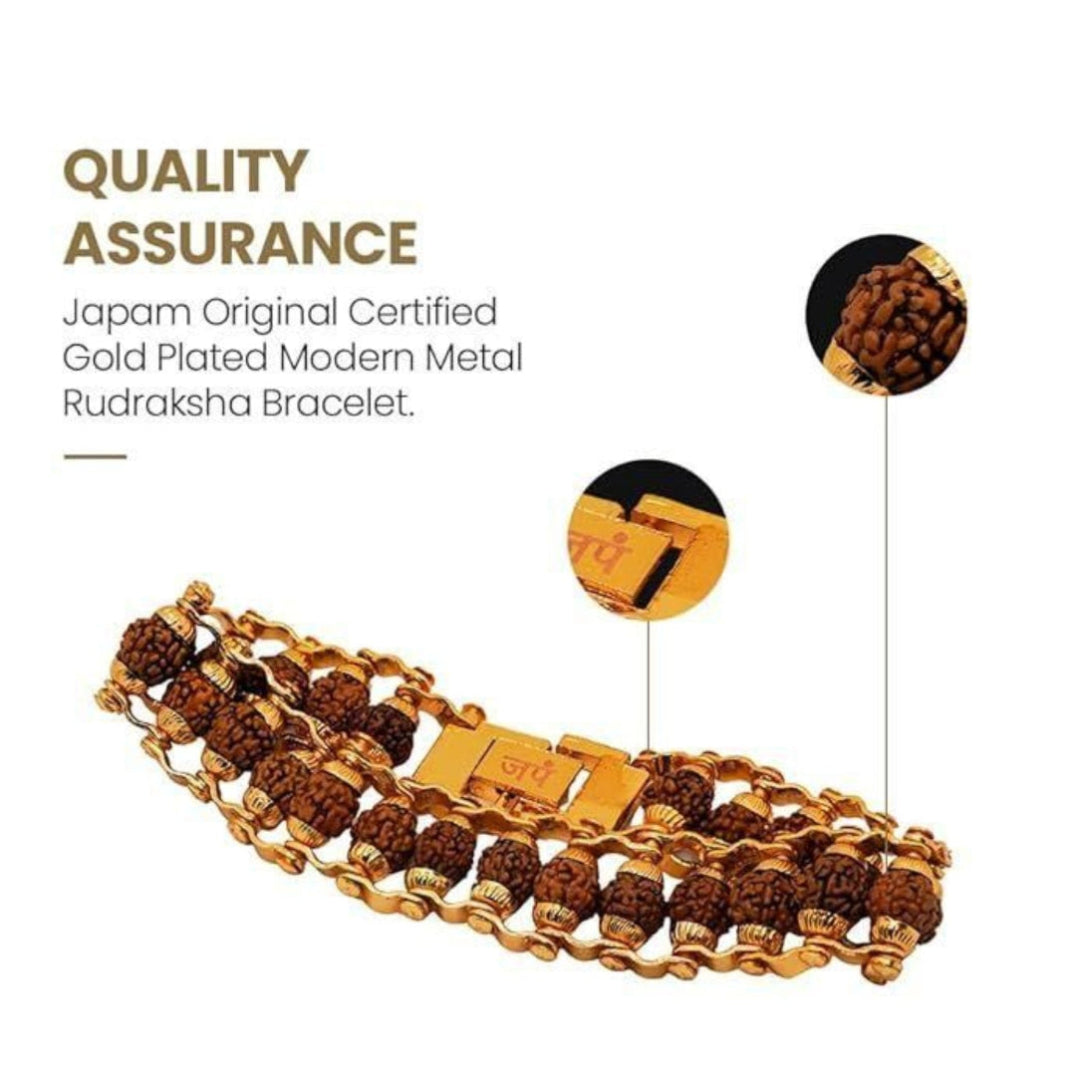 Gold-plated bracelet with rudraksha beads on a white background, featuring text about quality assurance.