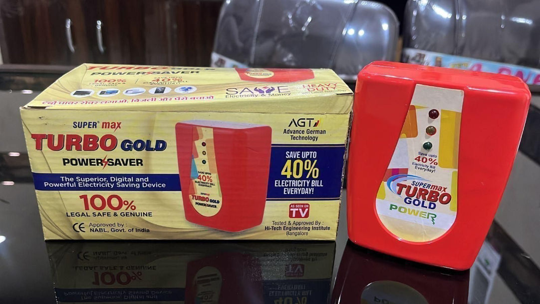 Turbo Gold Power-Saver device with packaging on a reflective surface