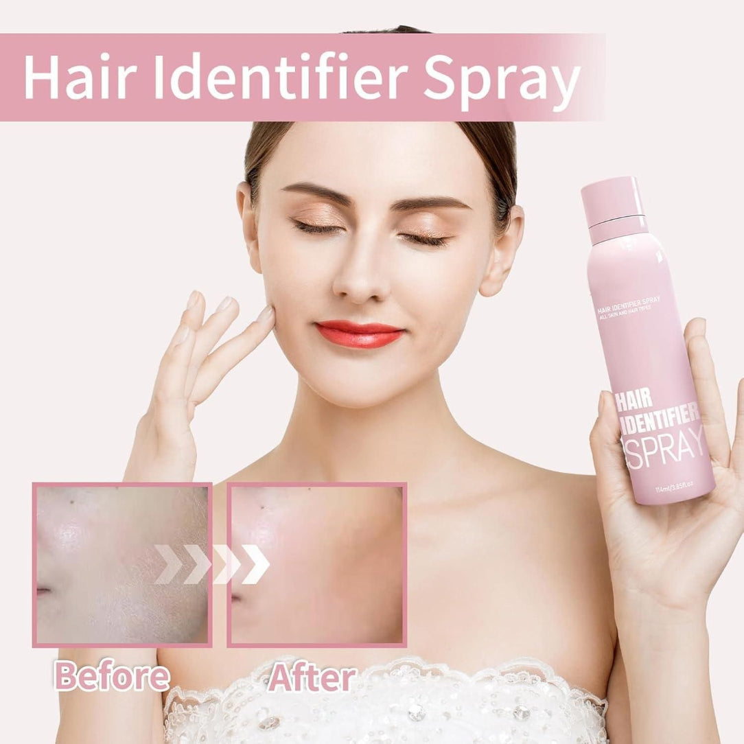 Woman holding a bottle of 'Hair Identifier Spray' with 'Before' and 'After' skin comparisons.