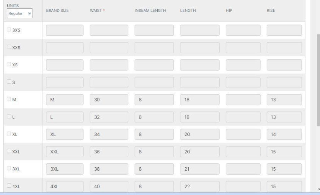 Measurement chart for pants with size labels and corresponding measurements.