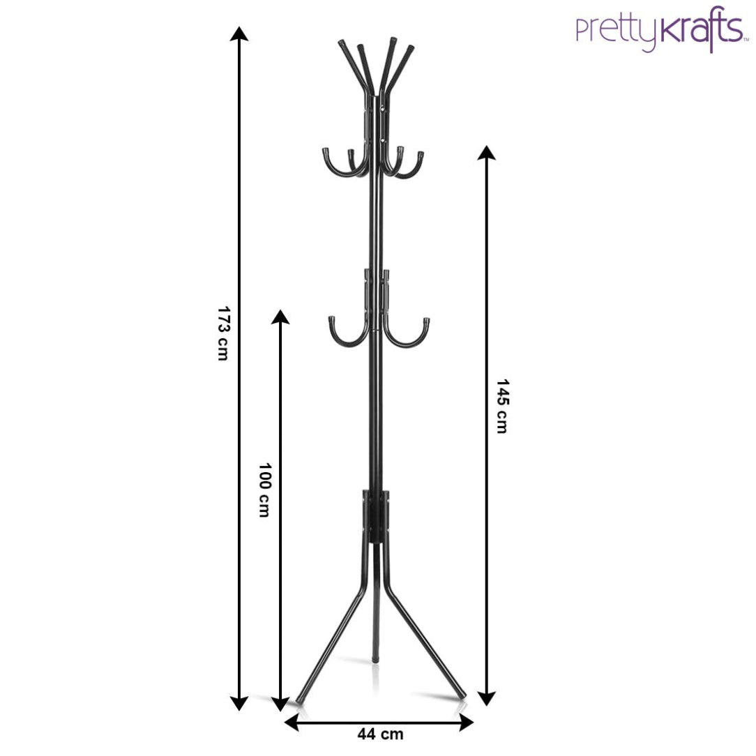 Coat rack with dimensions labeled on a white background, featuring the brand 'prettykrafts'.