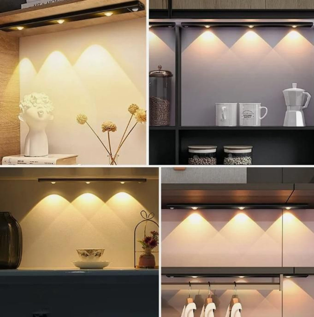 Collage of kitchen scenes with under-cabinet lighting highlighting decor and appliances.