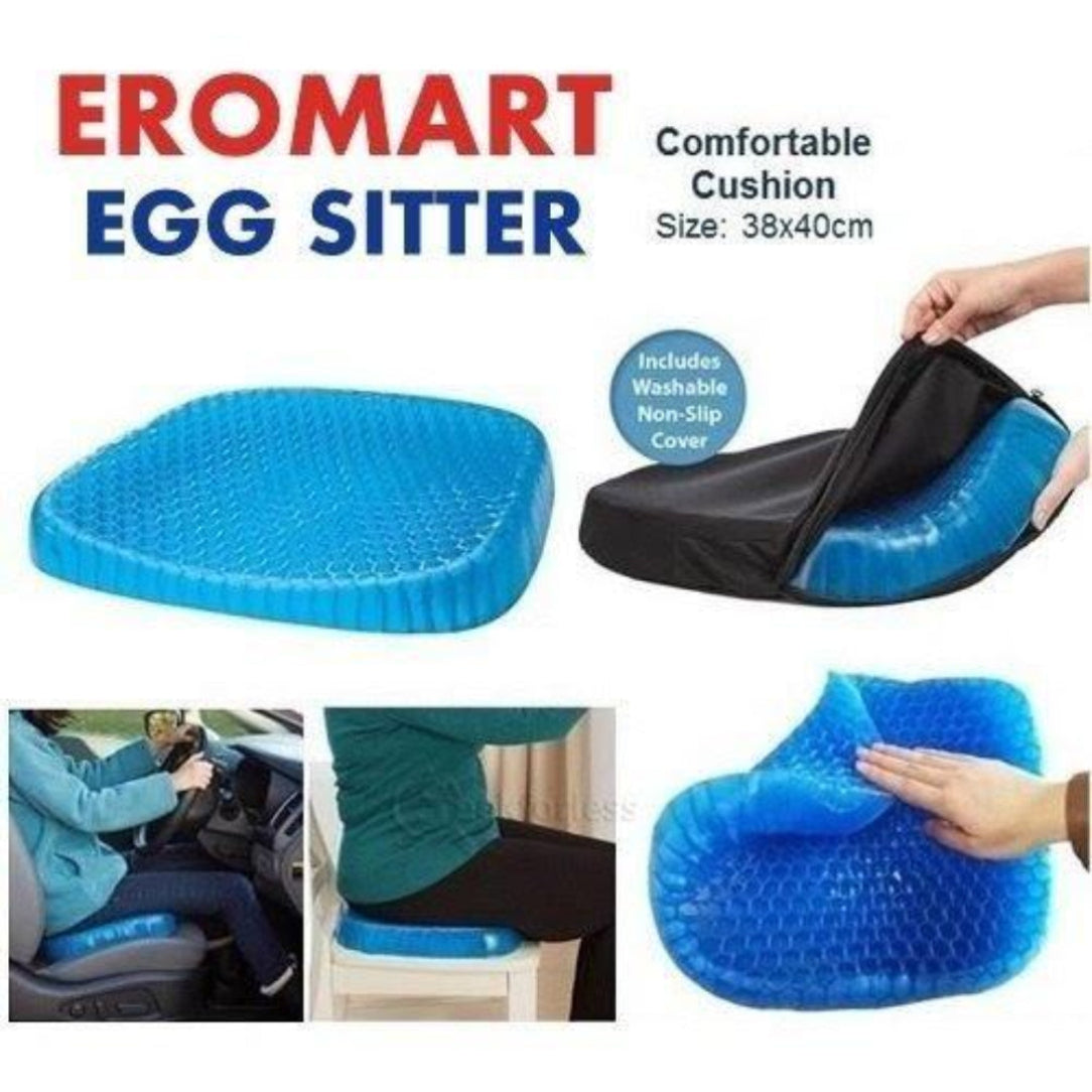 Blue 'Egg Sitter' cushion with washable cover, shown in use scenarios.