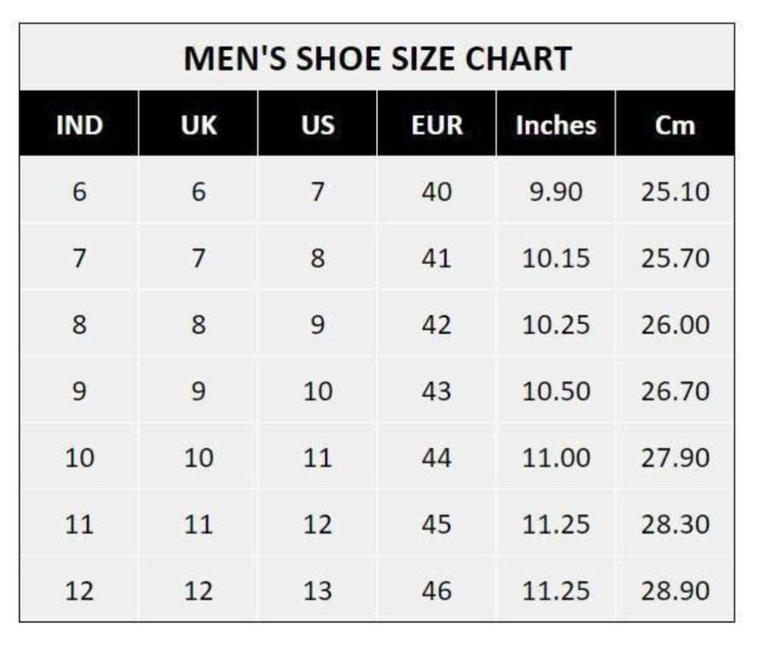 Men's shoe size chart showing conversions between Indian, UK, US, EU, inches, and centimeters.