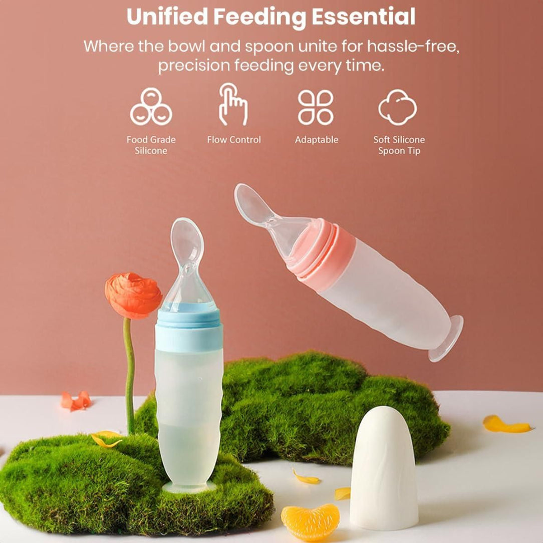 Unified feeding essential product with bottle and spoon on a natural background