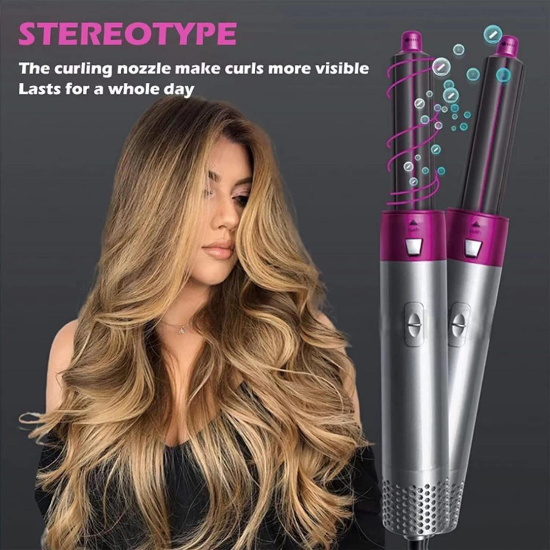 Woman with styled hair next to a hair styling tool with text about curl visibility and durability.