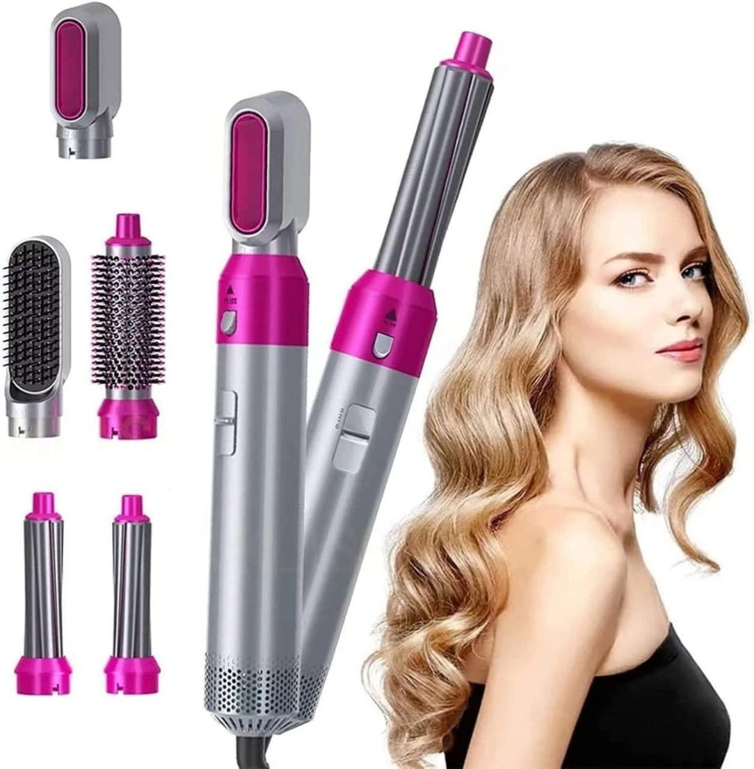 Hair styling tool with attachments and a model with styled hair on a white background
