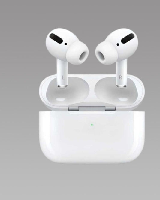 A pair of white AirPods Pro with a wireless charging case.