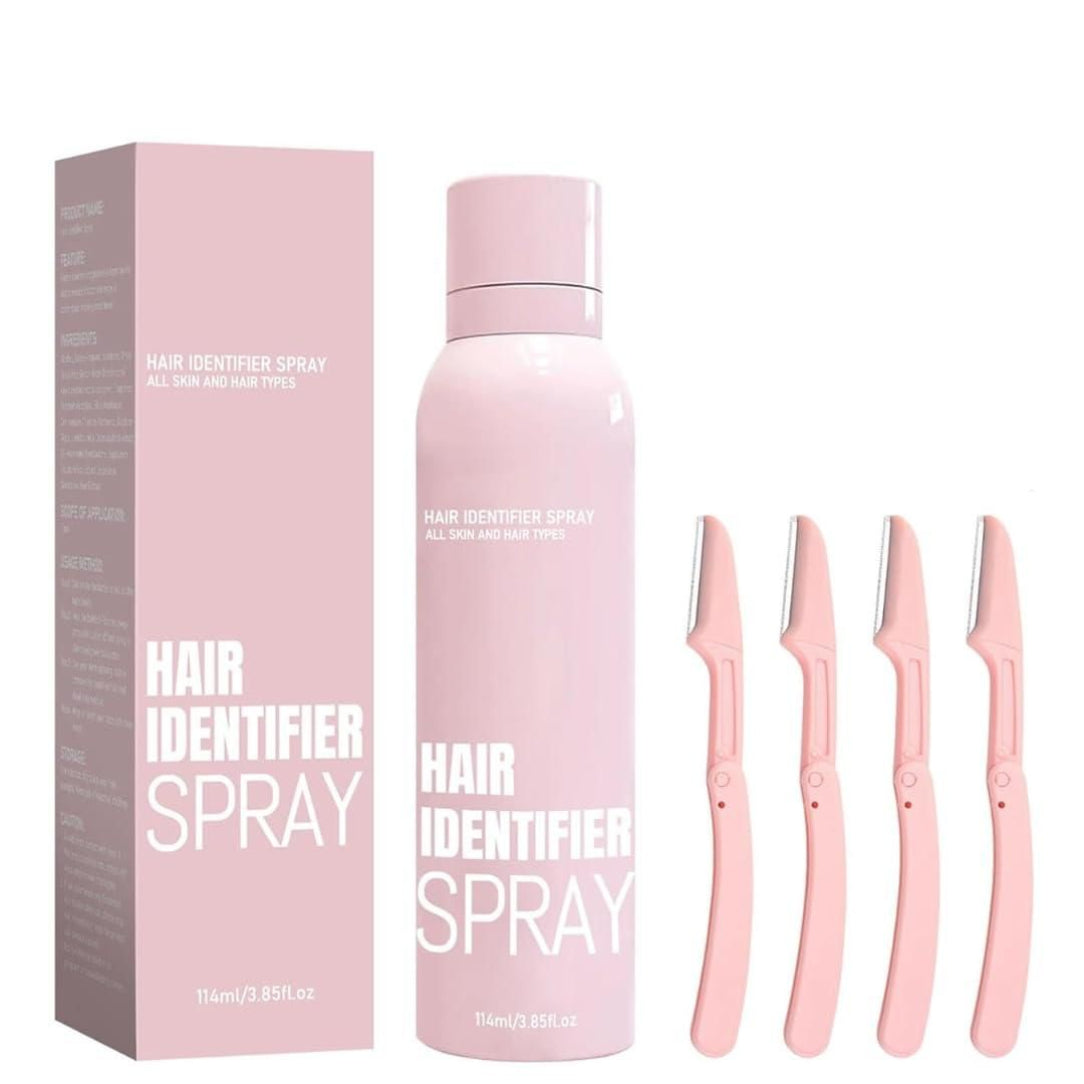Hair Identifier Spray with packaging and three pink scalp scrapers on a white background