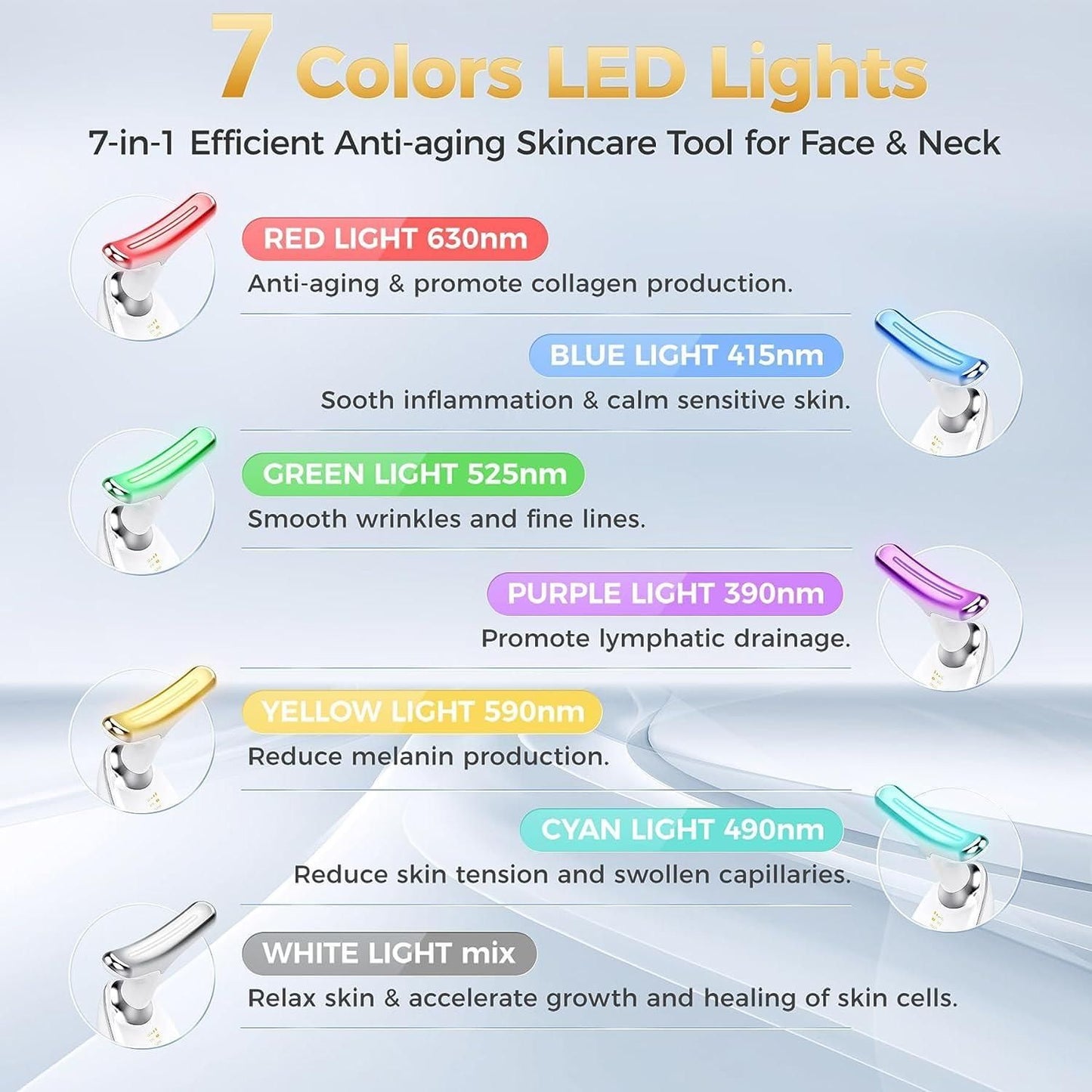 7-color LED lights for skincare tool with descriptions on a light blue background