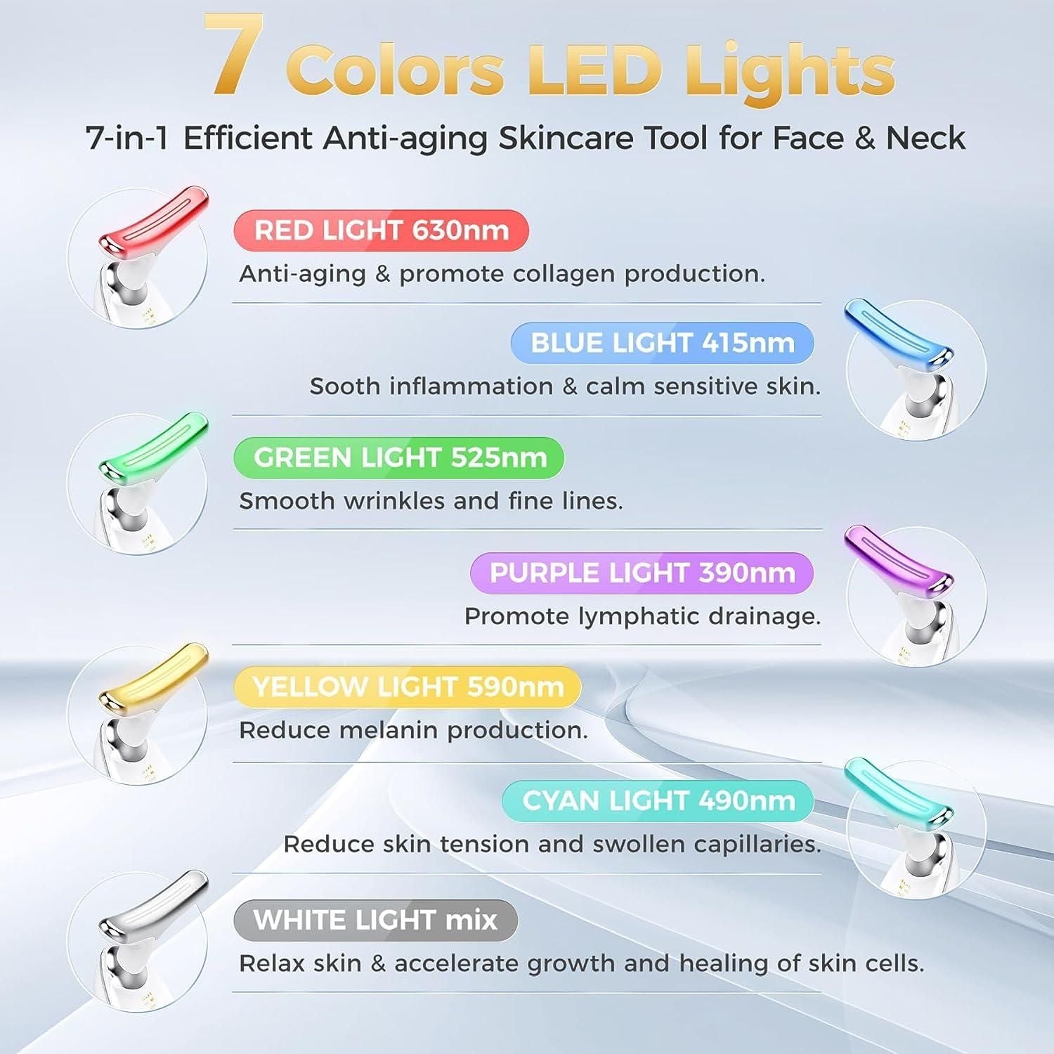 7-color LED lights for skincare tool with descriptions on a light blue background