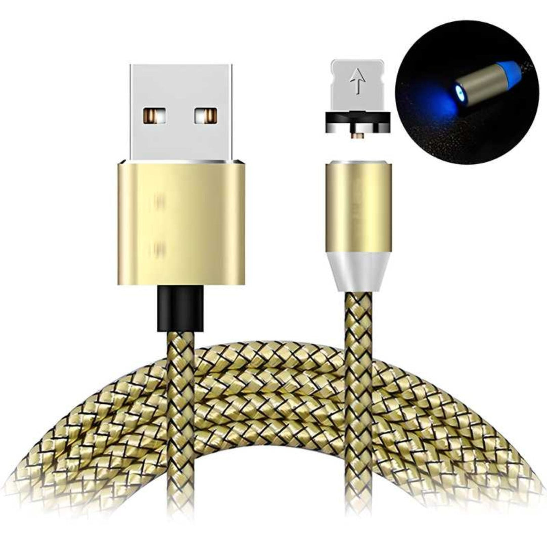 A close-up image of a magnetic charging cable with a gold-colored connector and a blue LED indicator, displayed against a white background.