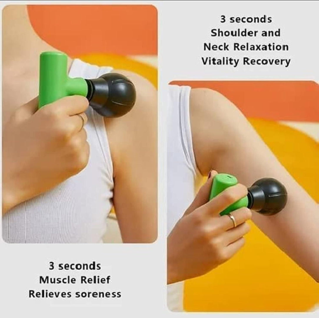 Person using a green and black massage tool on their arm with text about muscle relief and shoulder/neck relaxation.