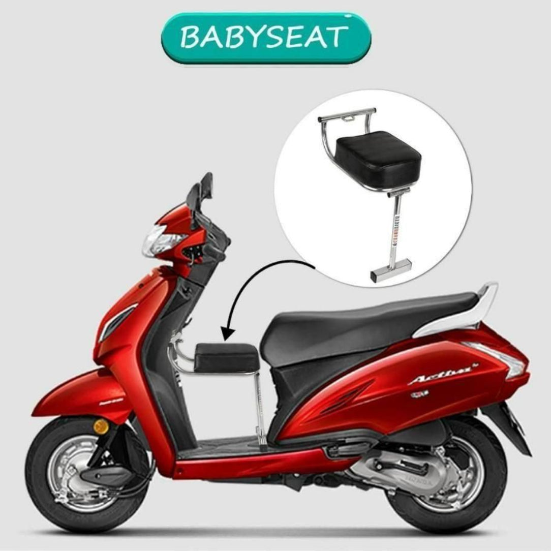 Red scooter with a baby seat attachment on a light gray background