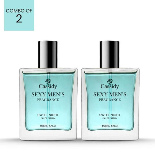 Two bottles of CASSIDY Sexy Men's Sweet Night Eau de Parfum, 50ml each, with a blue label and clear glass design.