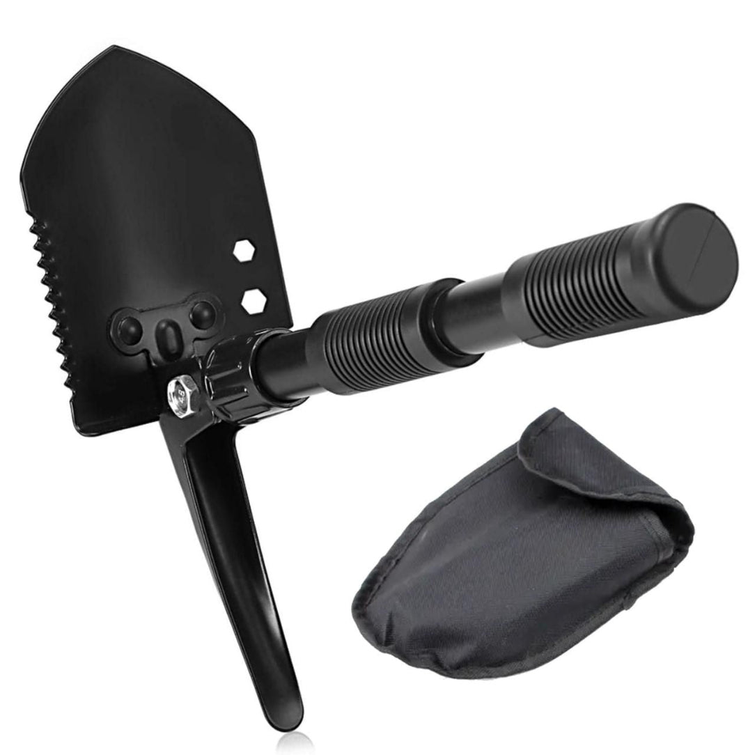 Black folding shovel with carrying pouch on a white background