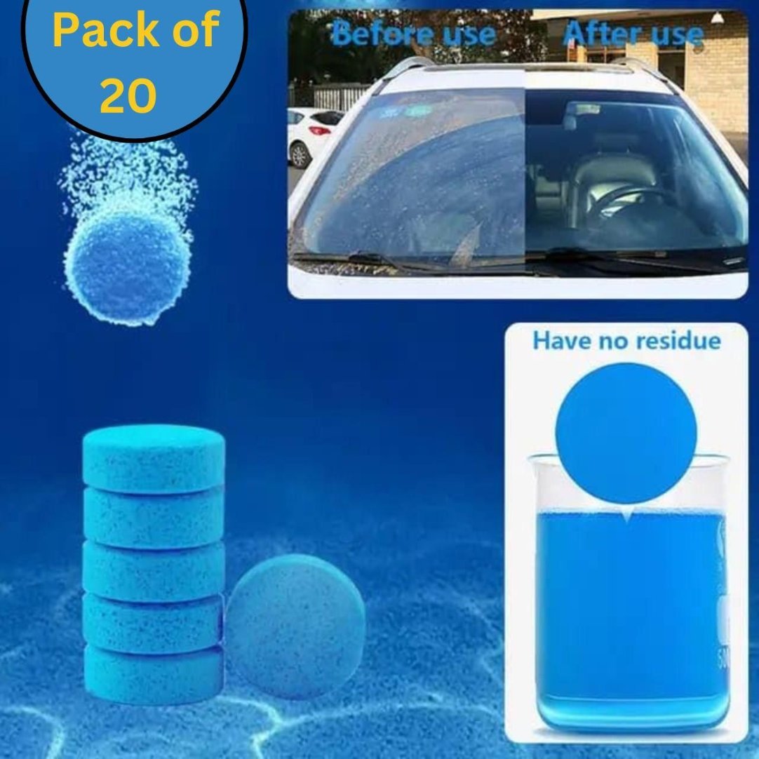 The image shows a stack of blue tablet-shaped car windshield washer additives with a caption that reads 'Pack of 20'. There's also a depiction of a car windshield before and after use, illustrating the cleaning effect of the product.