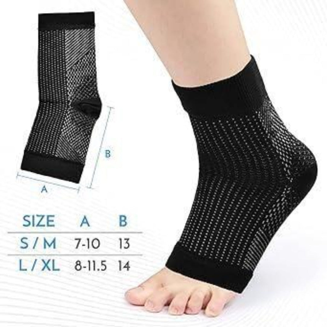 Black ankle support sleeve with size chart on a white background