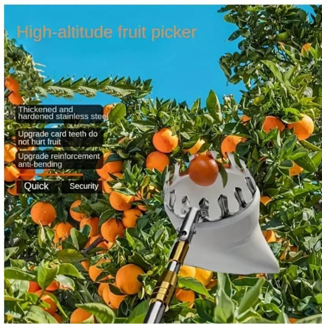 High-altitude fruit picker harvesting oranges from a tree with text highlighting features.
