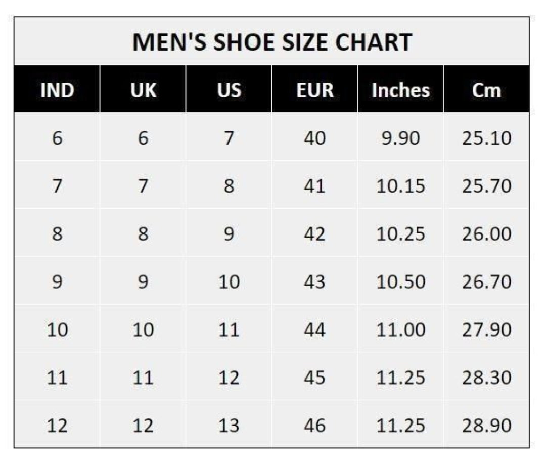 Men's shoe size chart converting between Indian, UK, US, EU, inches, and centimeters.