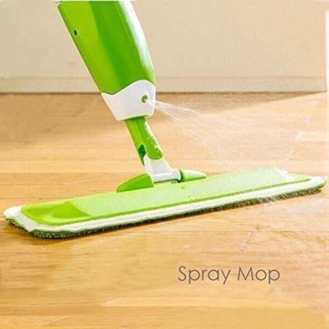 Green spray mop cleaning a wooden floor with 'Spray Mop' text.