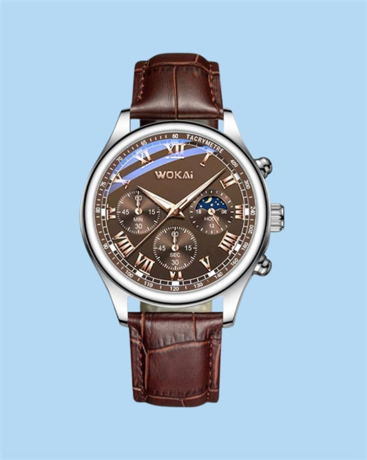 A men's quartz watch with a brown leather strap and a silver alloy steel dial, featuring multiple subdials and a brown leather band.