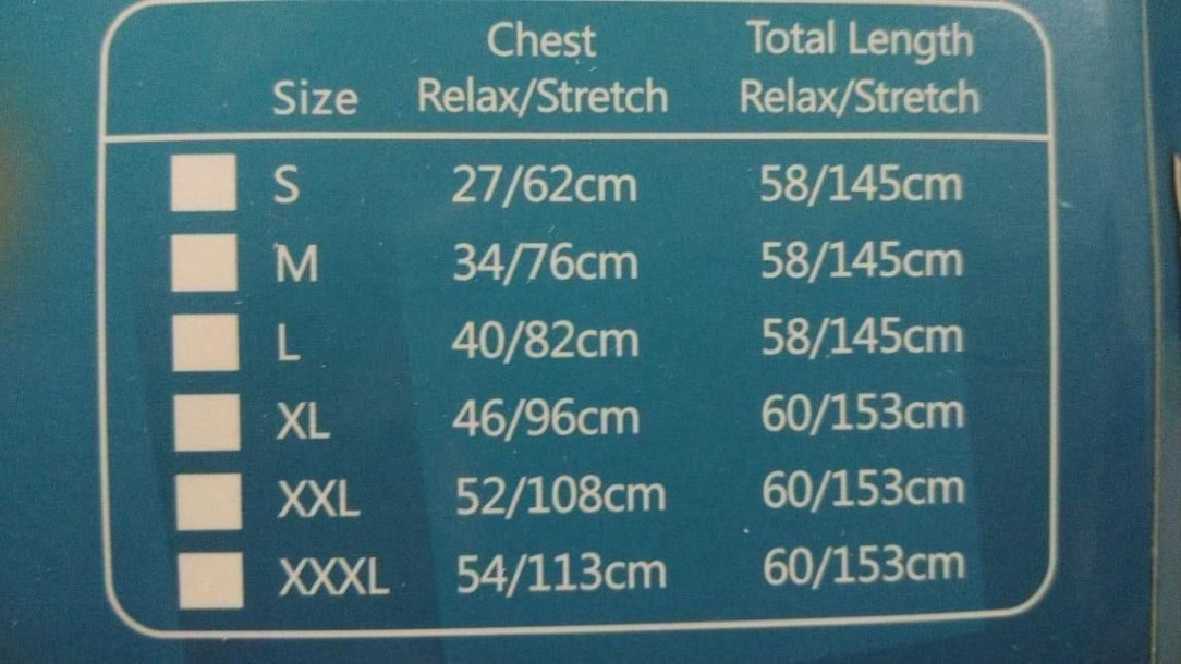 Size chart for clothing with chest and total length relax/stretch measurements on a blue background.