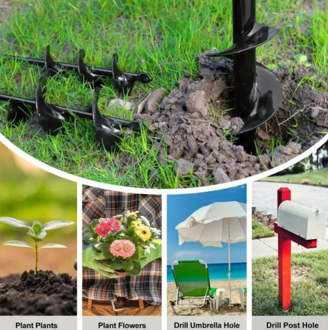 Garden tool in action with soil, plants, flowers, umbrella, and mailbox in a collage.