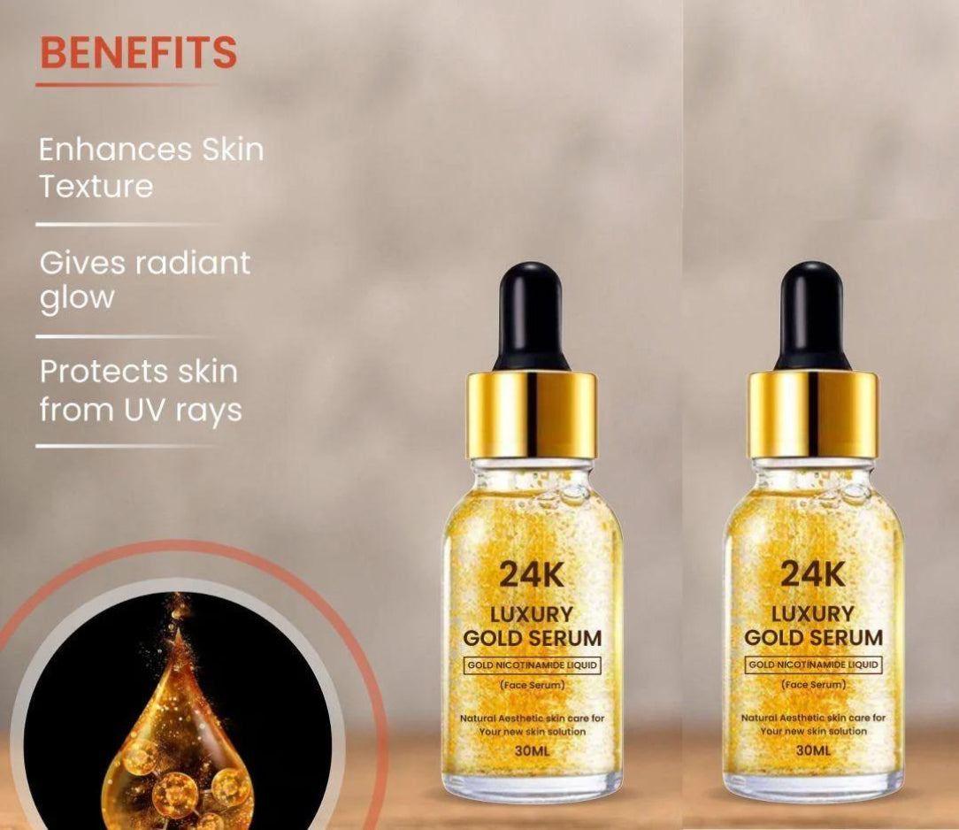 Two bottles of 24K Luxury Gold Serum with benefits listed on a beige background.
