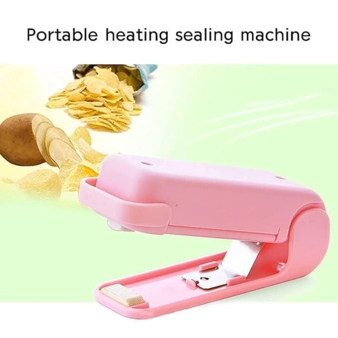 Pink portable heating sealing machine with potato chips in the background